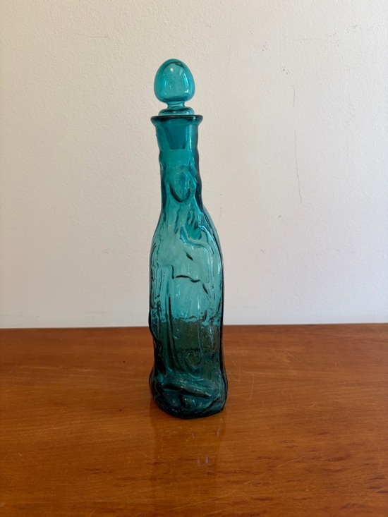 Other - Vintage Hand-Blown Aqua Figural Madonna Glass Bottle with Stopper